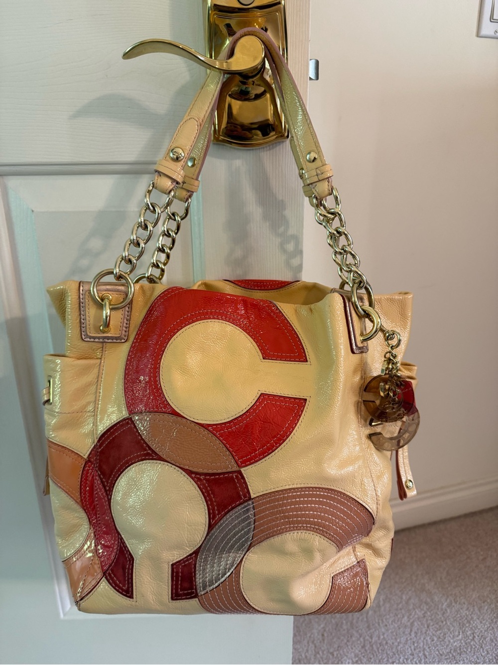 Coach Yellow Leather Tote Bag with Red & Brown Accents with charm